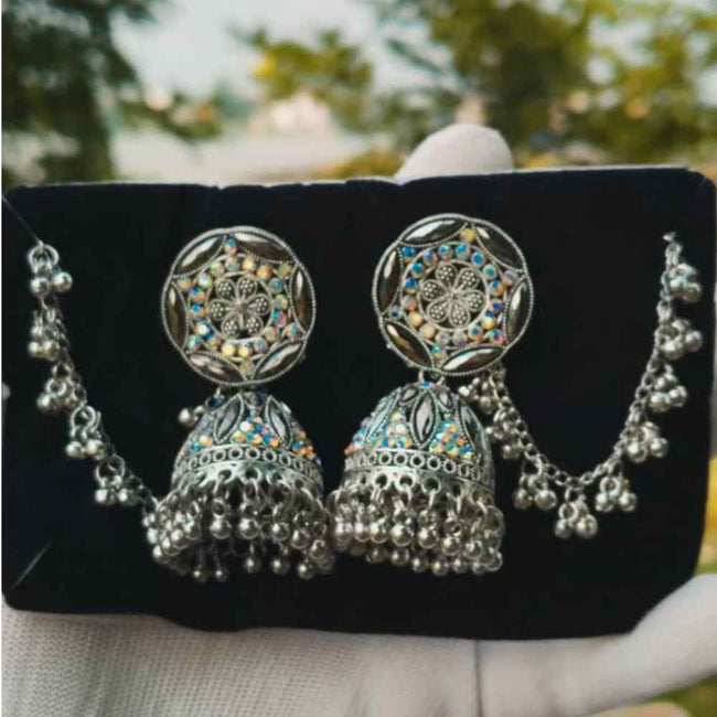 Oxidised Floral Jhumka Earrings with Chain Hover Image