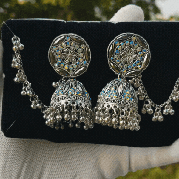 Oxidised Floral Jhumka Earrings with Chain - Rupakala
