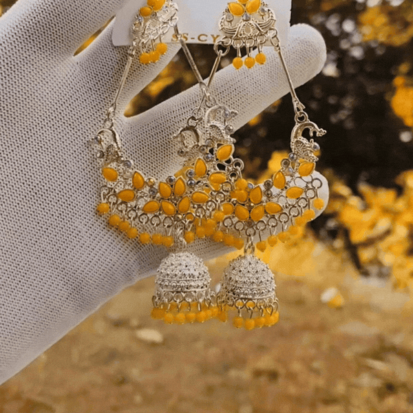 Yellow Beaded Oxidised Chandbali Earrings - Rupakala
