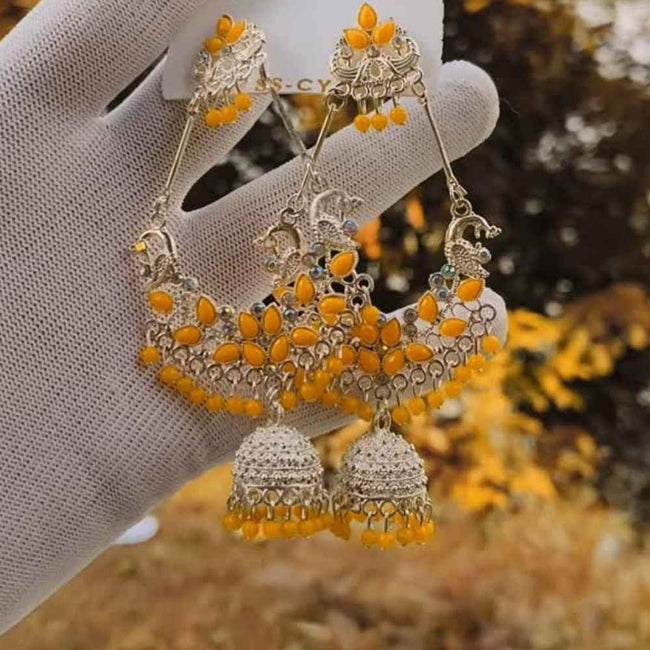 Yellow Beaded Oxidised Chandbali Earrings Hover Image