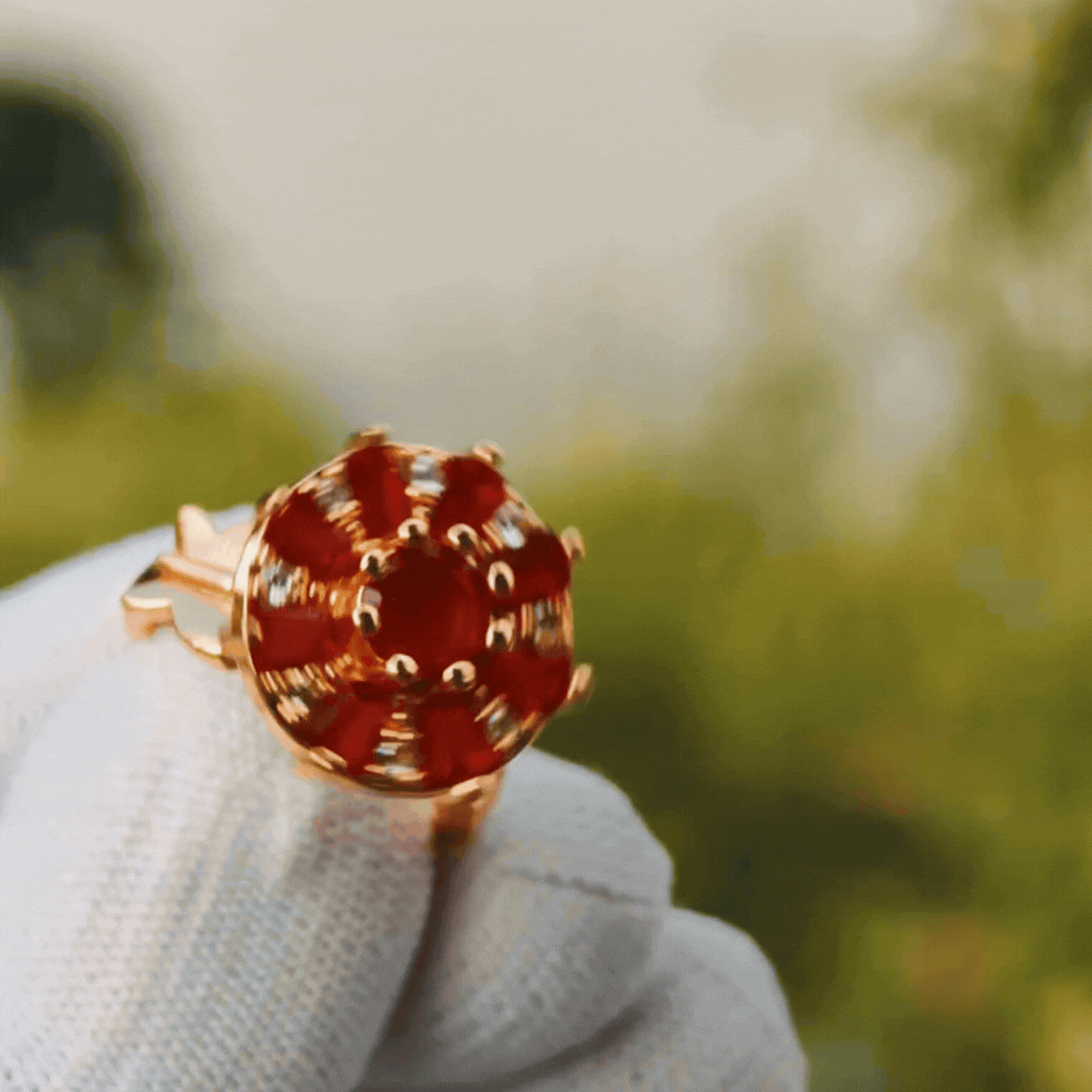 Ruby Red Sunburst Adjustable Cocktail Ring