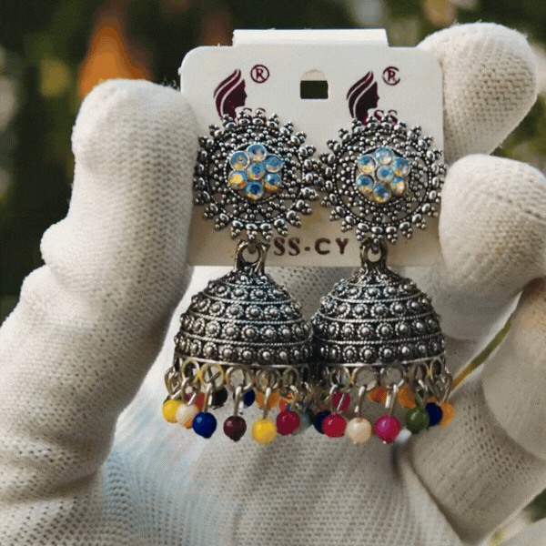 Oxidised Silver Jhumka Earrings with Multicolor Beads Main Image