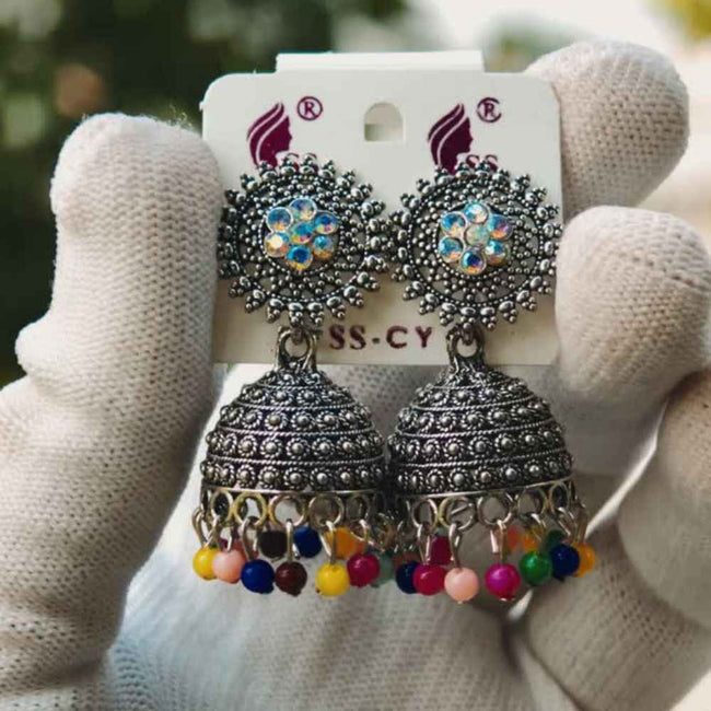Oxidised Silver Jhumka Earrings with Multicolor Beads Hover Image