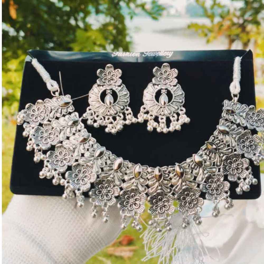 Silver Oxidised Floral Necklace Set for Women