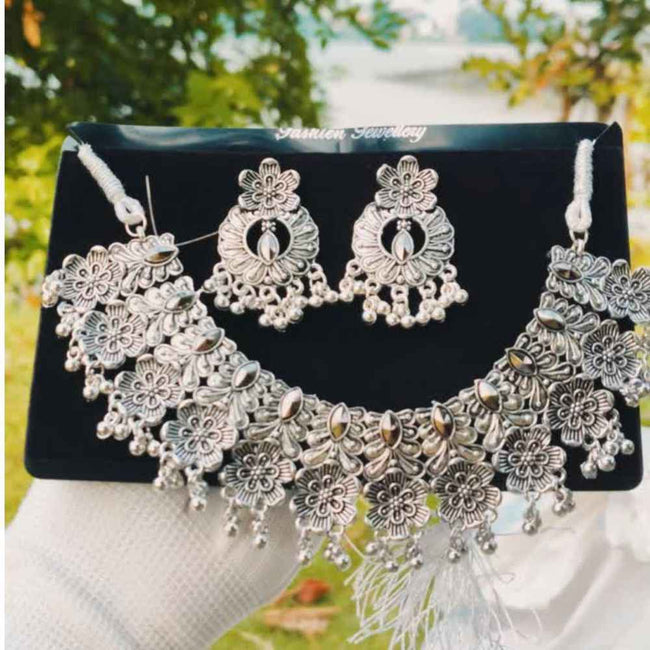 Silver Oxidised Floral Necklace Set for Women Hover Image