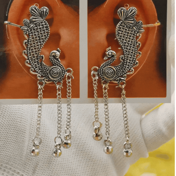 Oxidised Peacock Chain Ear Cuff Earrings - Rupakala