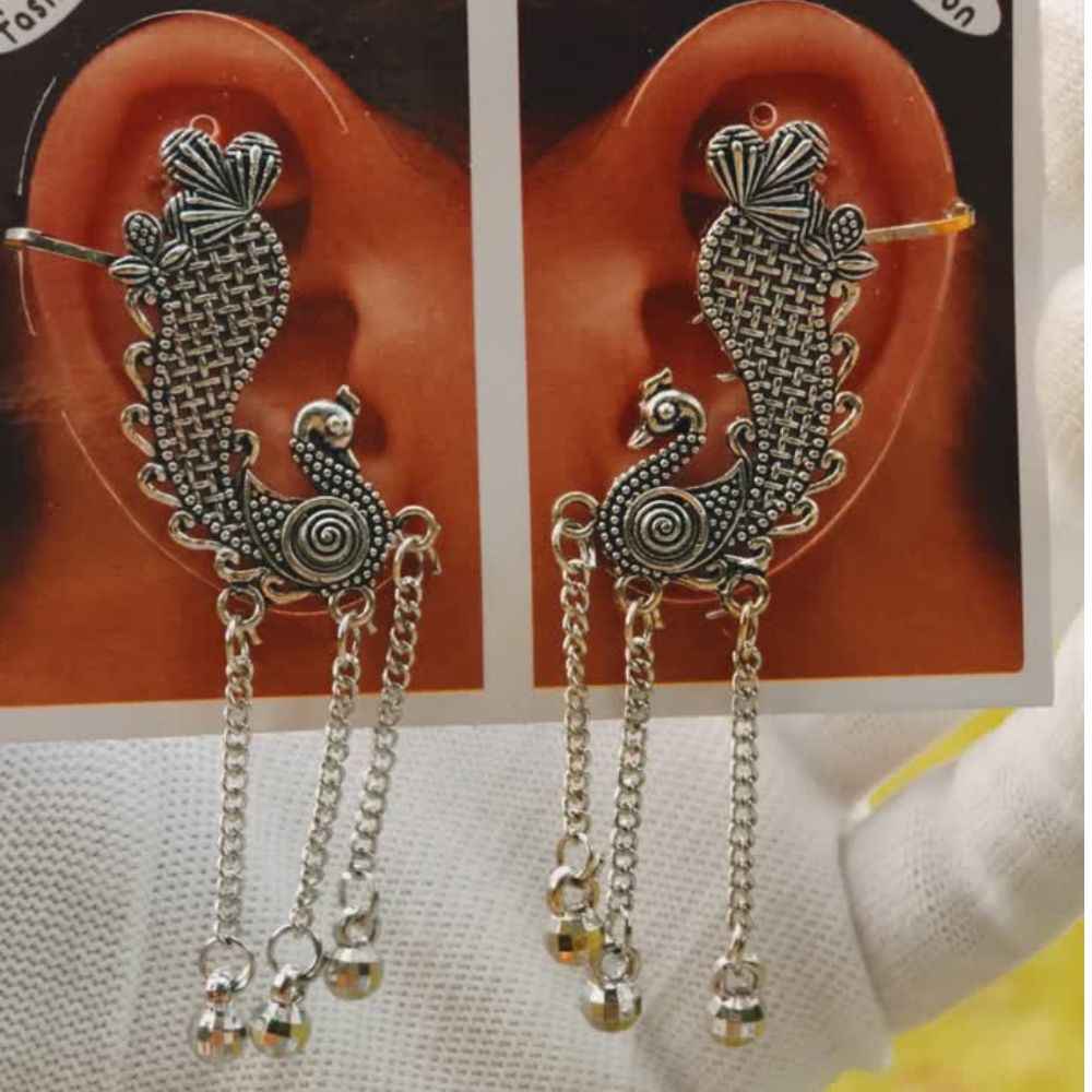 Oxidised Peacock Chain Ear Cuff Earrings