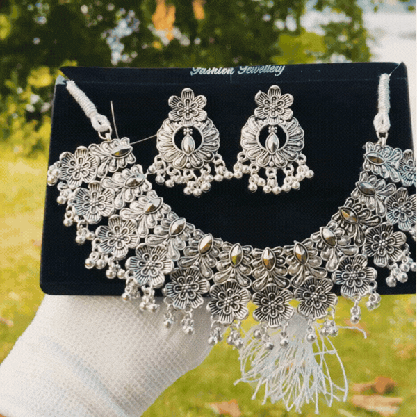 Silver Oxidised Floral Necklace Set for Women Main Image