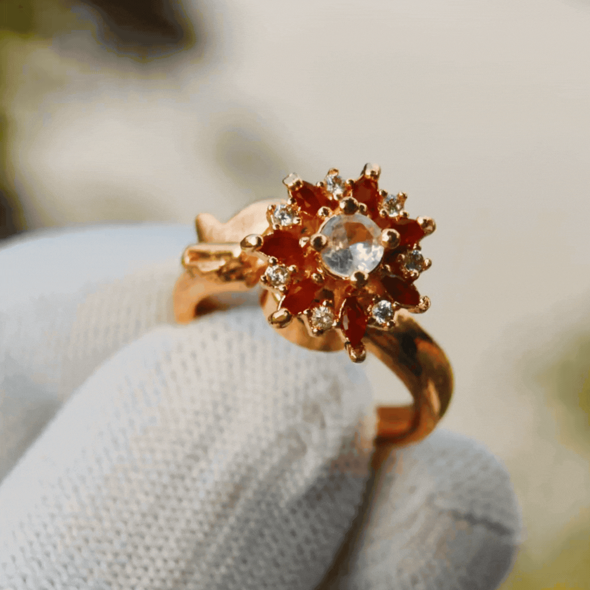 Ruby Floral Crystal Adjustable Ring