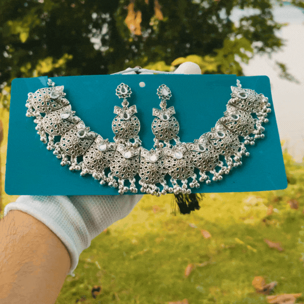 Silver Oxidised Choker Necklace Set - Rupakala