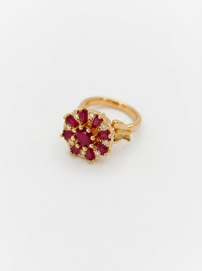 Ruby Red Sunburst Adjustable Cocktail Ring Hover Image