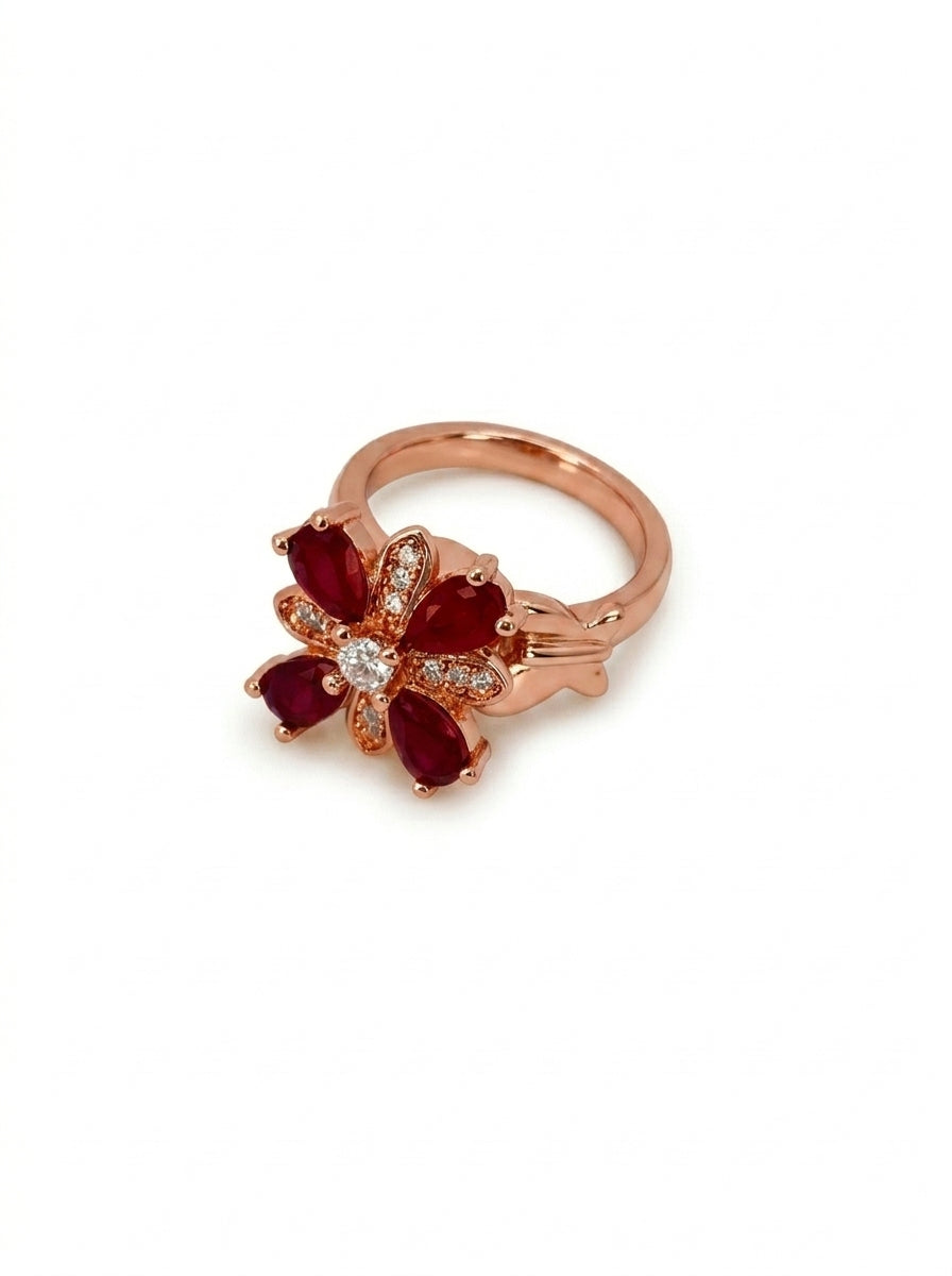 Red Petal Flower Crystal Ring for Women